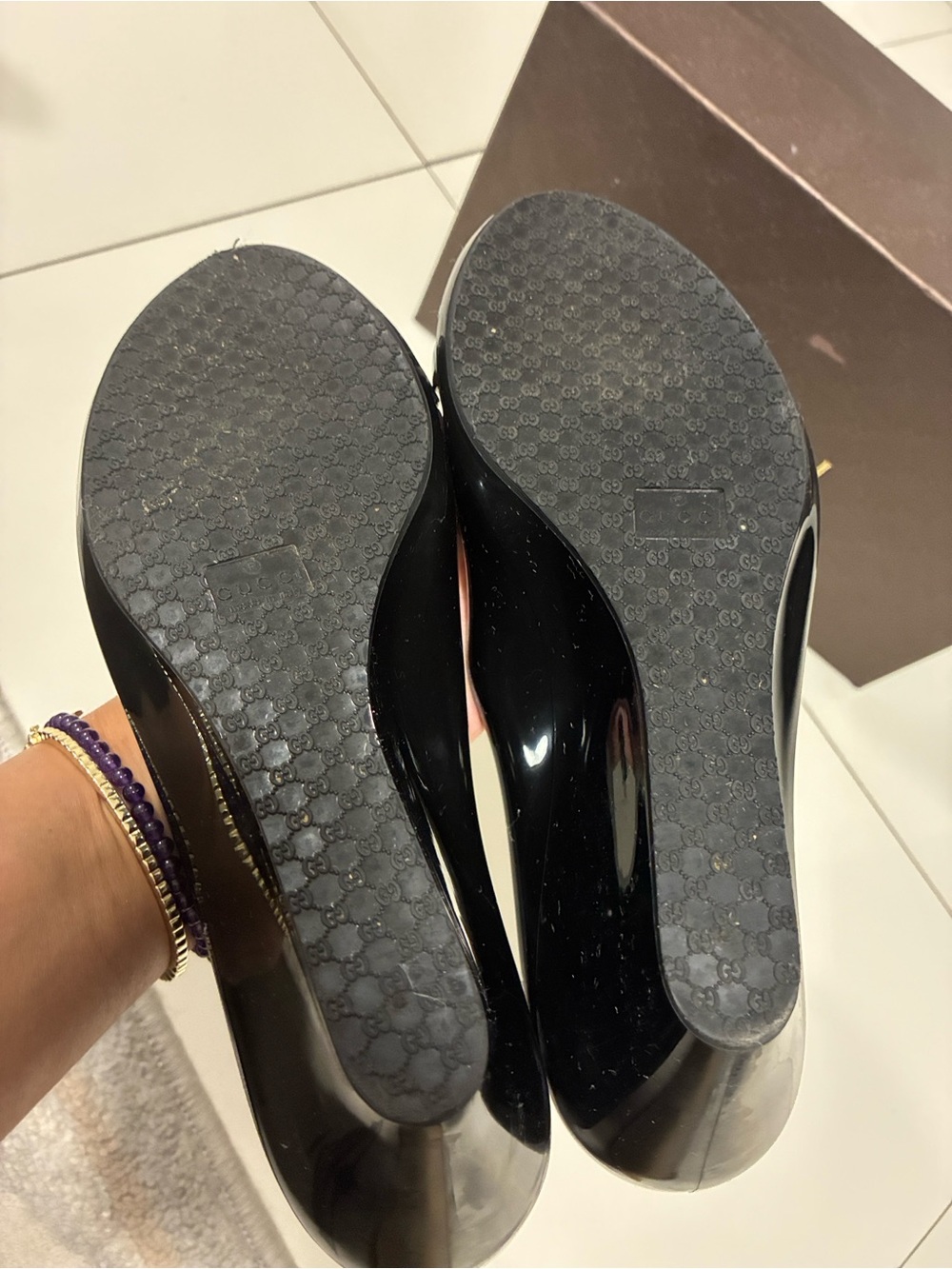 Gucci Marola Black Jelly GG Peep Toe Wedge Sandals Size 38 US 8 Like New Box - Picture 16 of 17